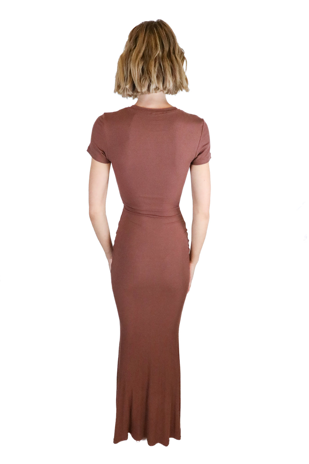 Reoria Brown Crewneck Rib Knit Bodycon Maxi Dress (S)