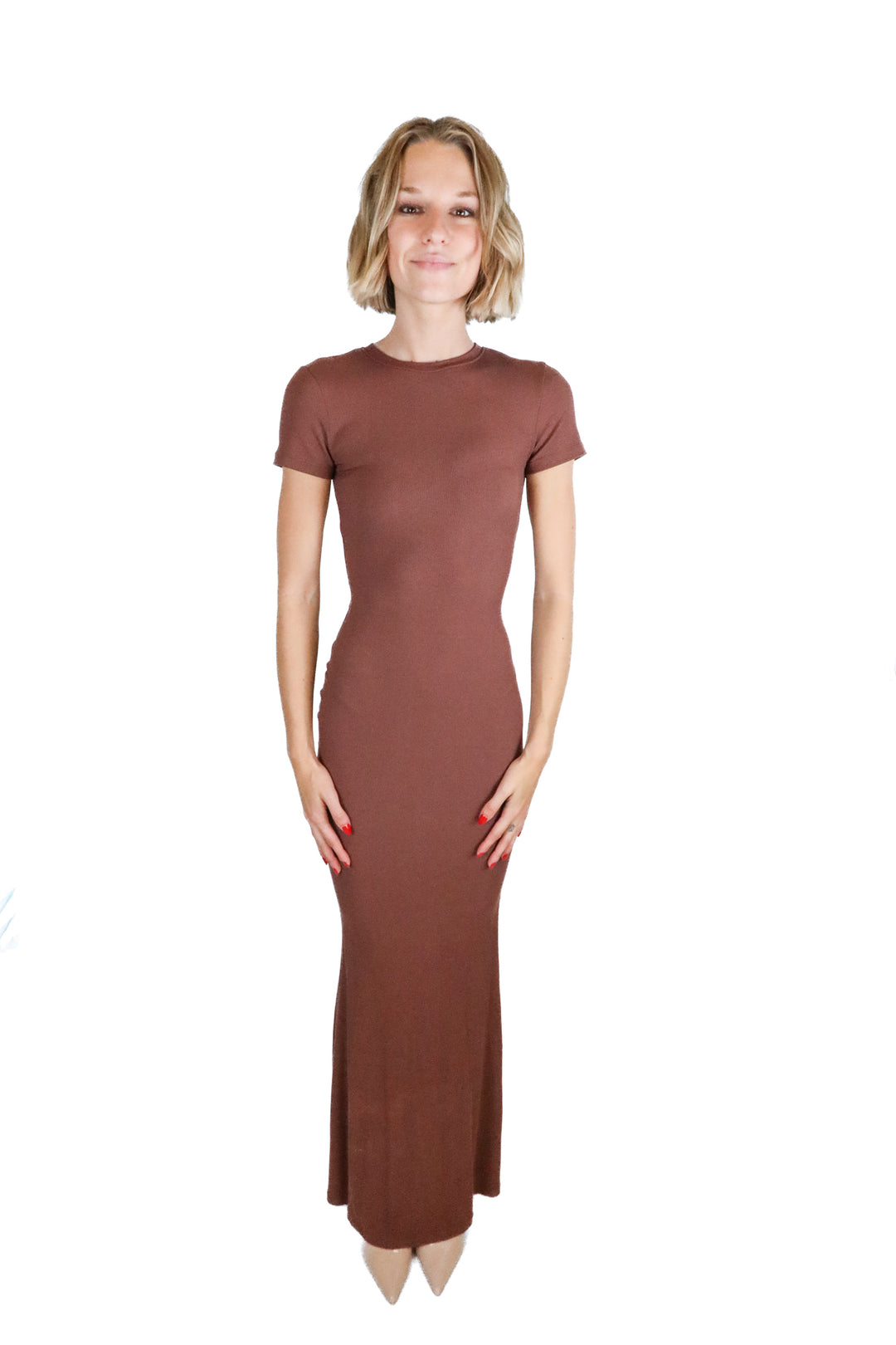 Reoria Brown Crewneck Rib Knit Bodycon Maxi Dress (S)
