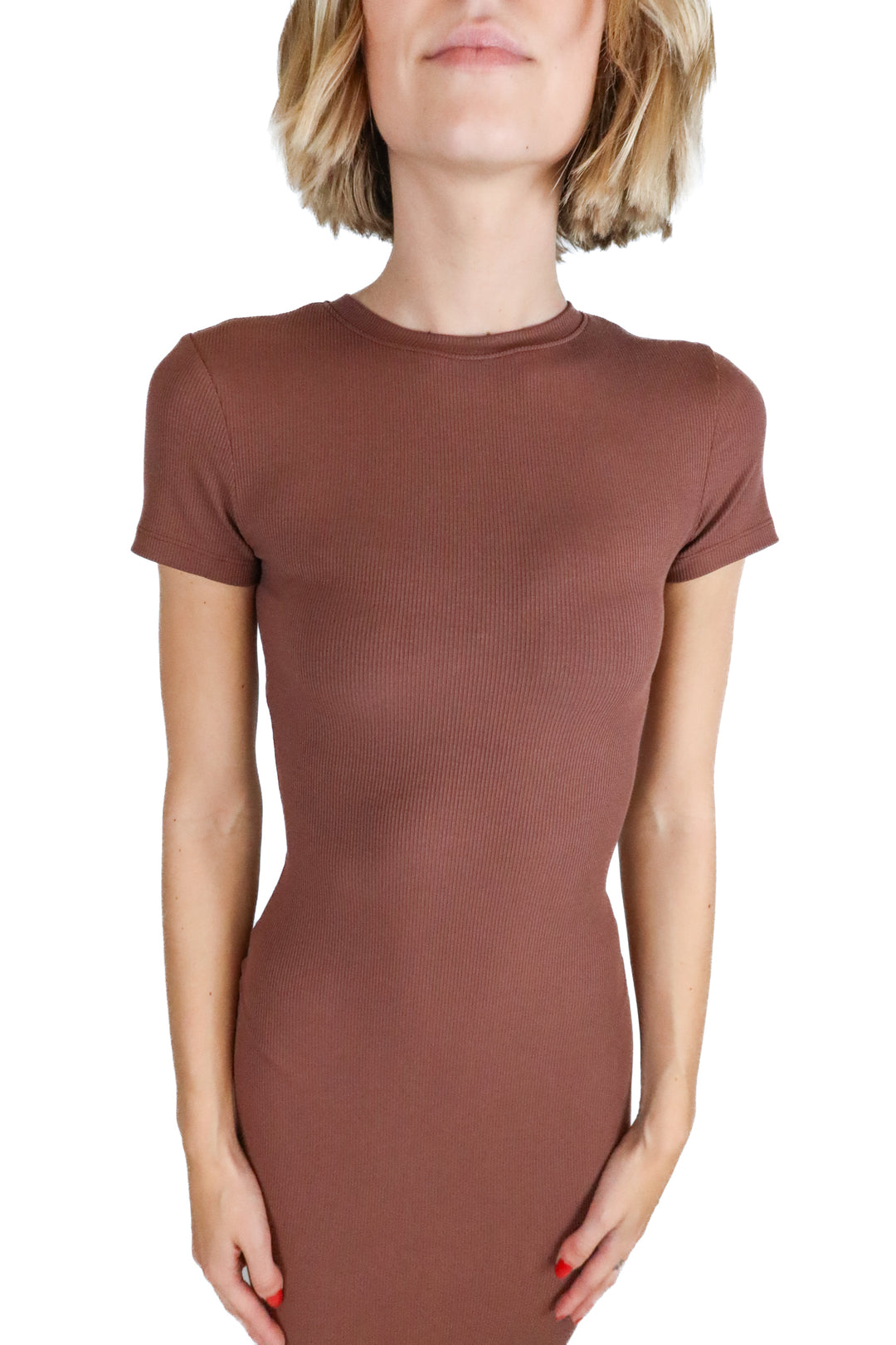 Reoria Brown Crewneck Rib Knit Bodycon Maxi Dress (S)