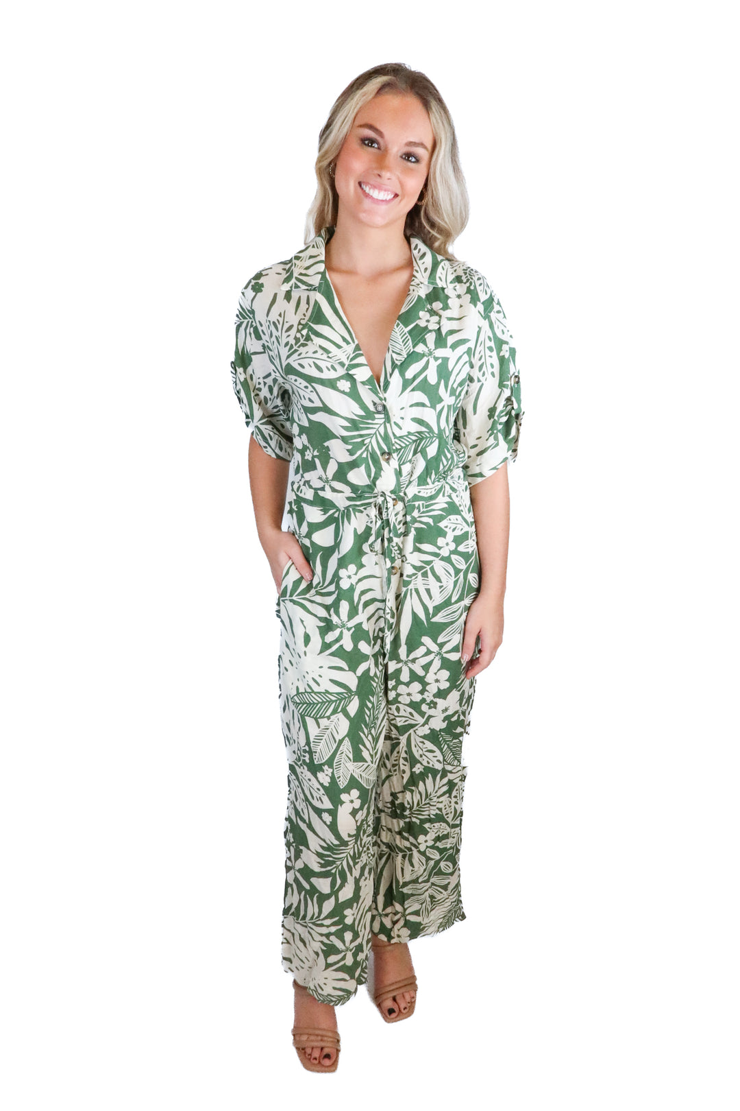 Vici Green & White Tropical Floral Print Jumpsuit (M)