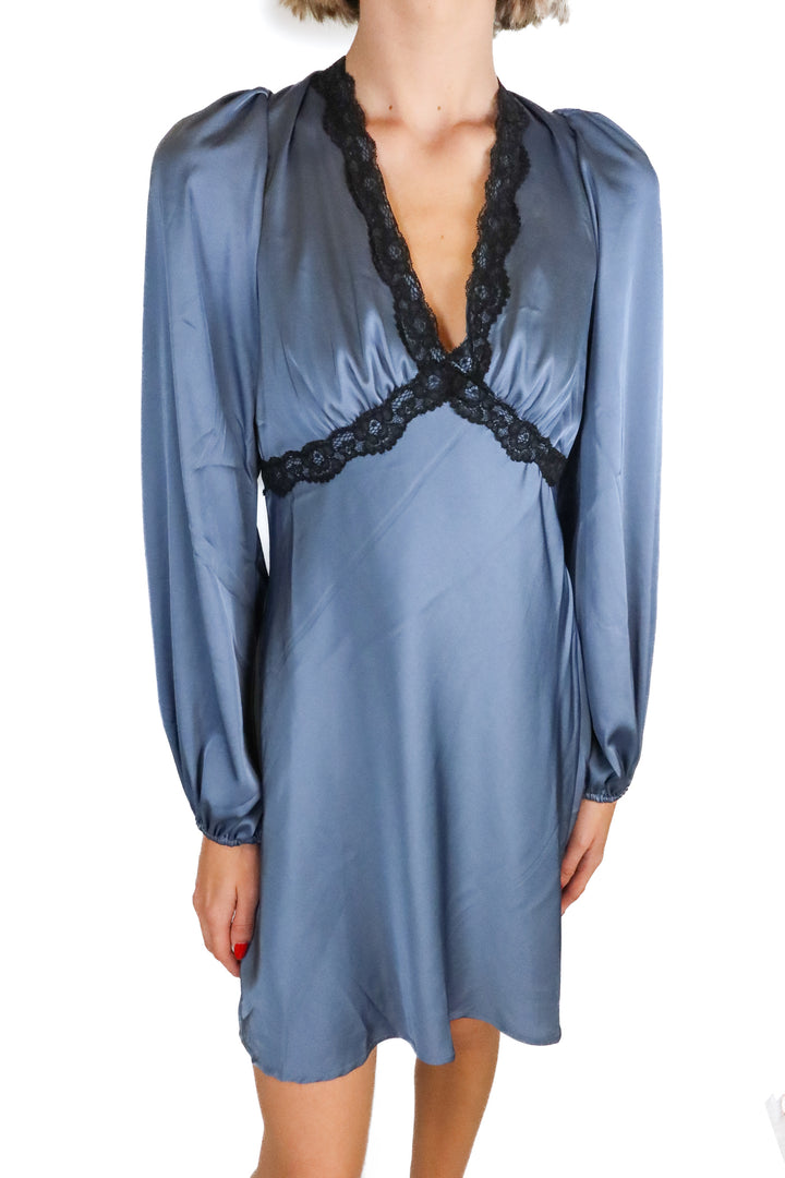 Les Lis Blue Gray Satin Lace Trim Dress (S)