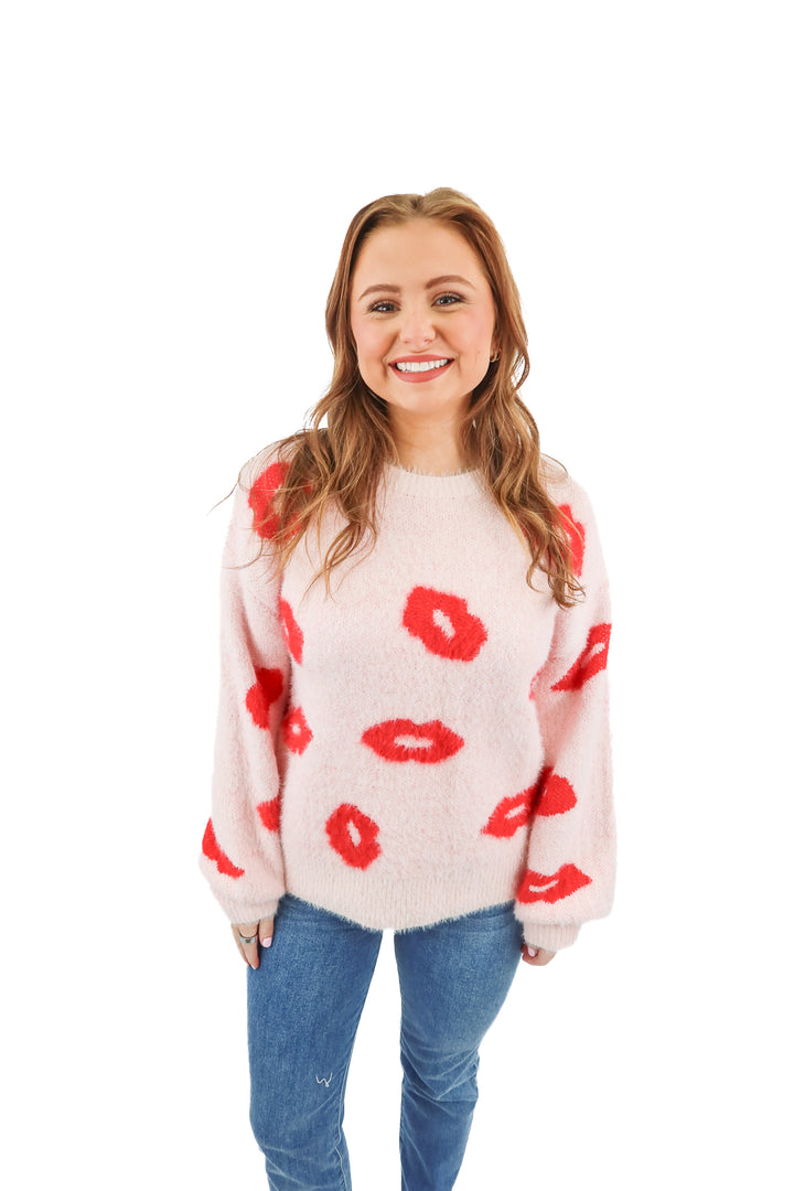 Vici pink lips prints knit sweater (S; retail $68)