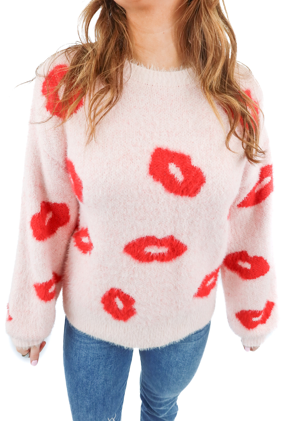 Vici pink lips prints knit sweater (S; retail $68)