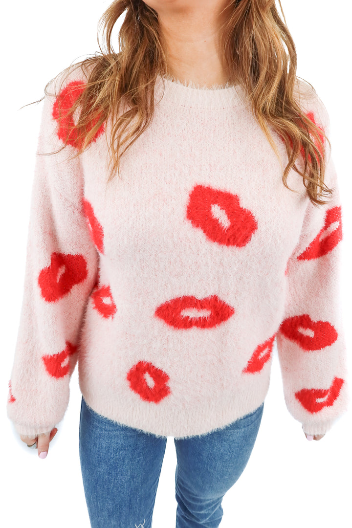 Vici pink lips prints knit sweater (S; retail $68)