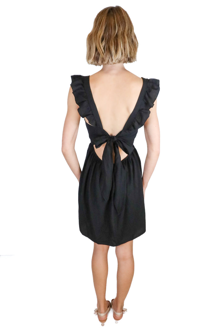 Black Frilly Tie Back Mini Dress (S)