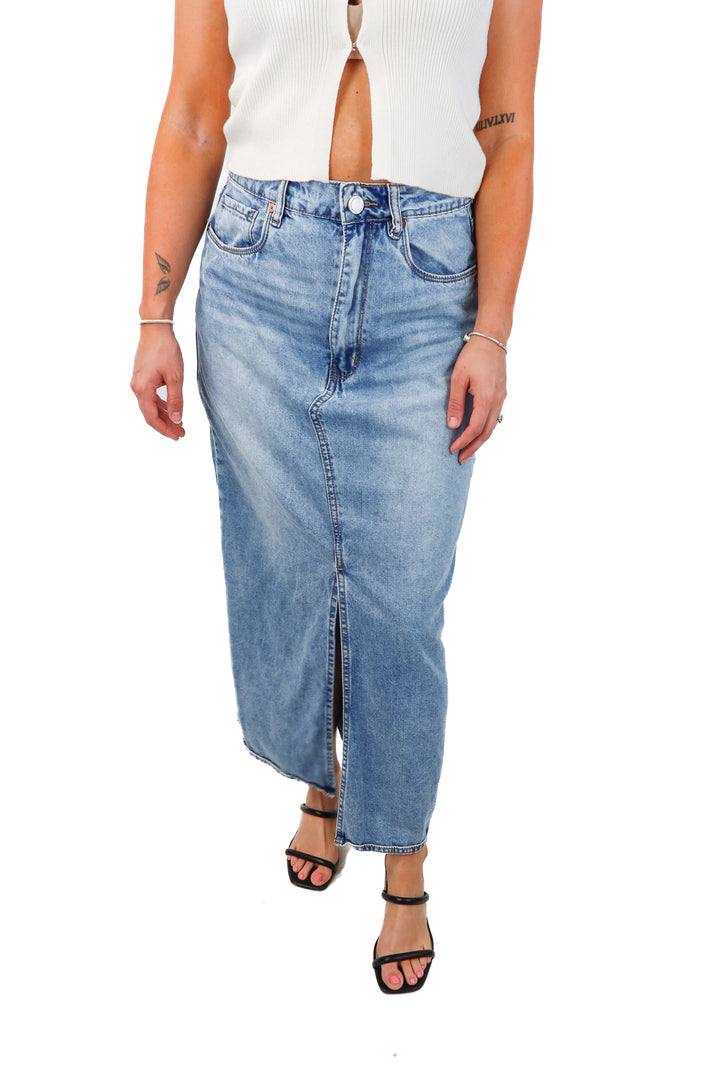blank nyc light wash denim skirt (28; retail $70)