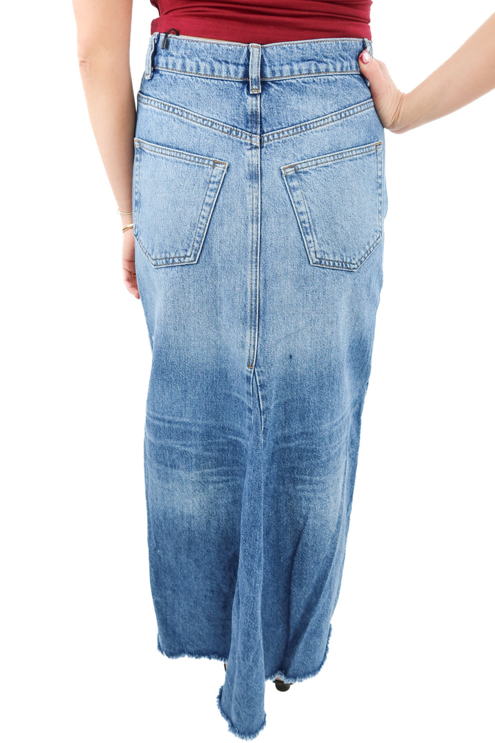 reformation medium wash front slit denim maxi skirt (25)