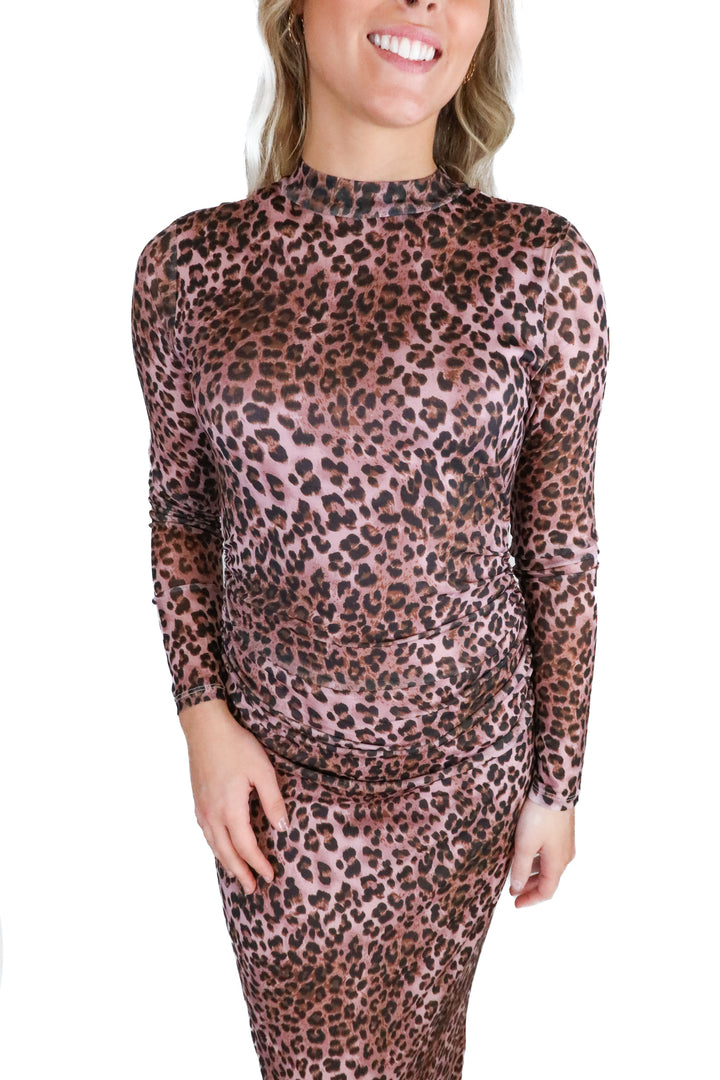 Madden Girl Mauve Leopard Print Ruched Bodycon Maxi Dress (M)