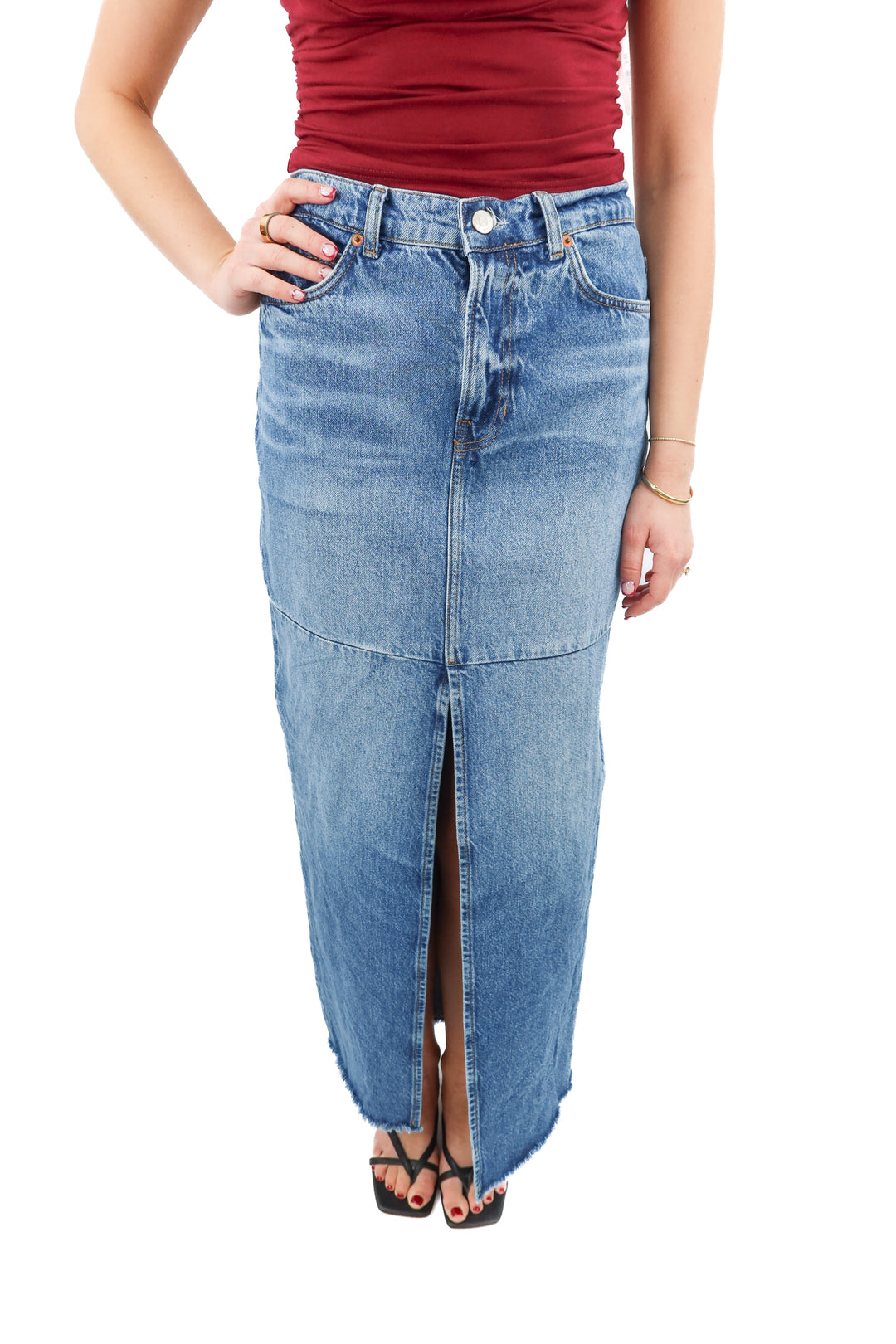 reformation medium wash front slit denim maxi skirt (25)