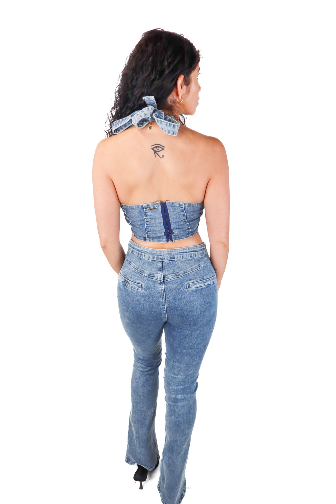 maniere de voir medium wash lace up denim set (6; retail $200)