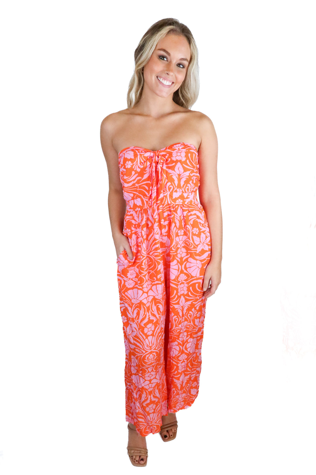 aakaa orange and pink tropical jumpsuit (m)