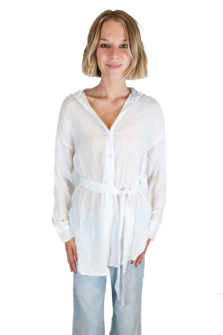 abercrombie white linen cinched button up (S; retail $80)