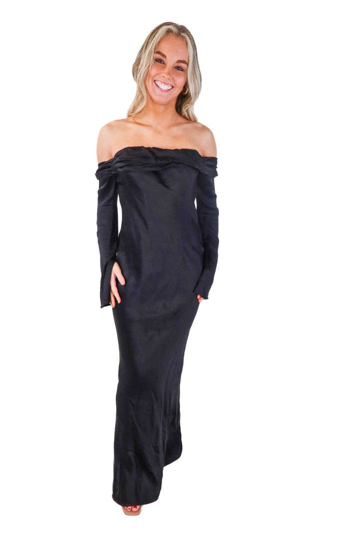 meshki black satin maxi dress (m; retail $165)