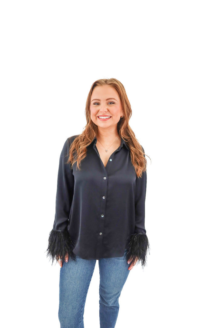 Ramy Brook black satin long sleeve blouse with feather trim (S; retail $365)