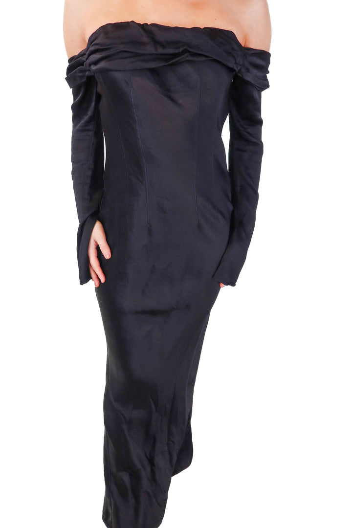 meshki black satin maxi dress (m; retail $165)