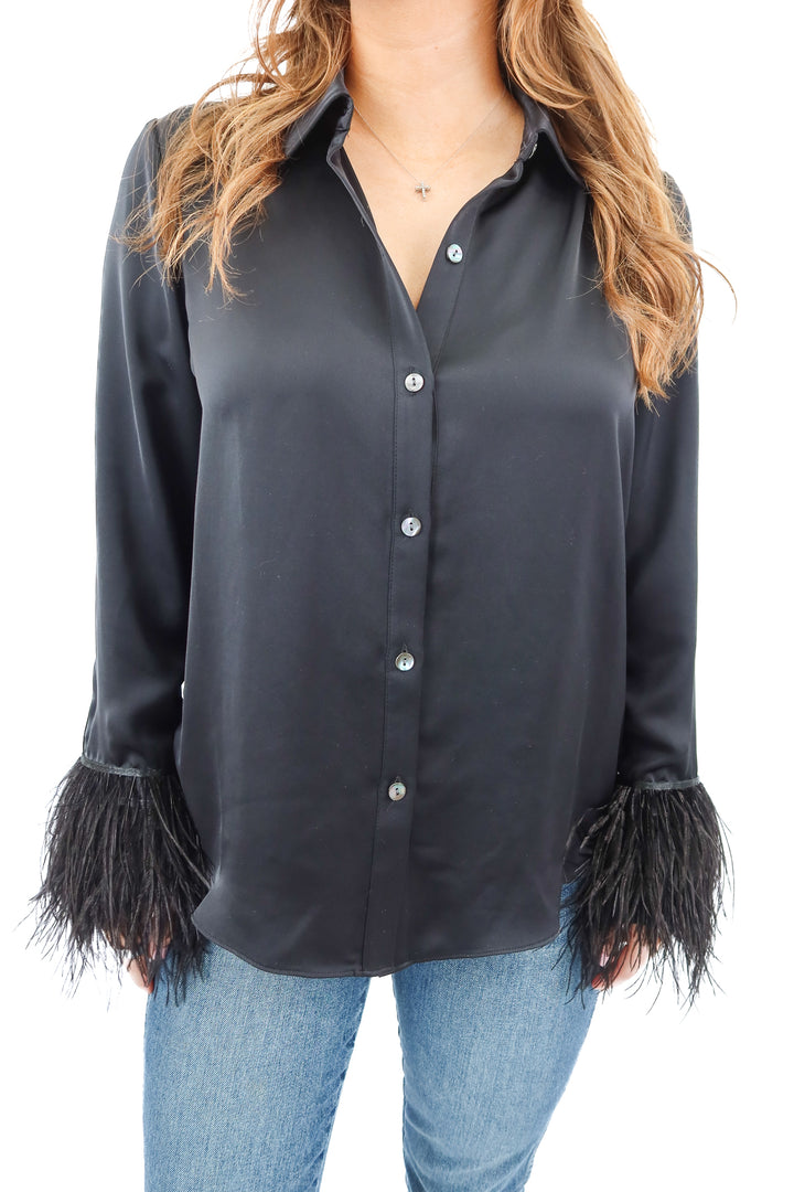Ramy Brook black satin long sleeve blouse with feather trim (S; retail $365)