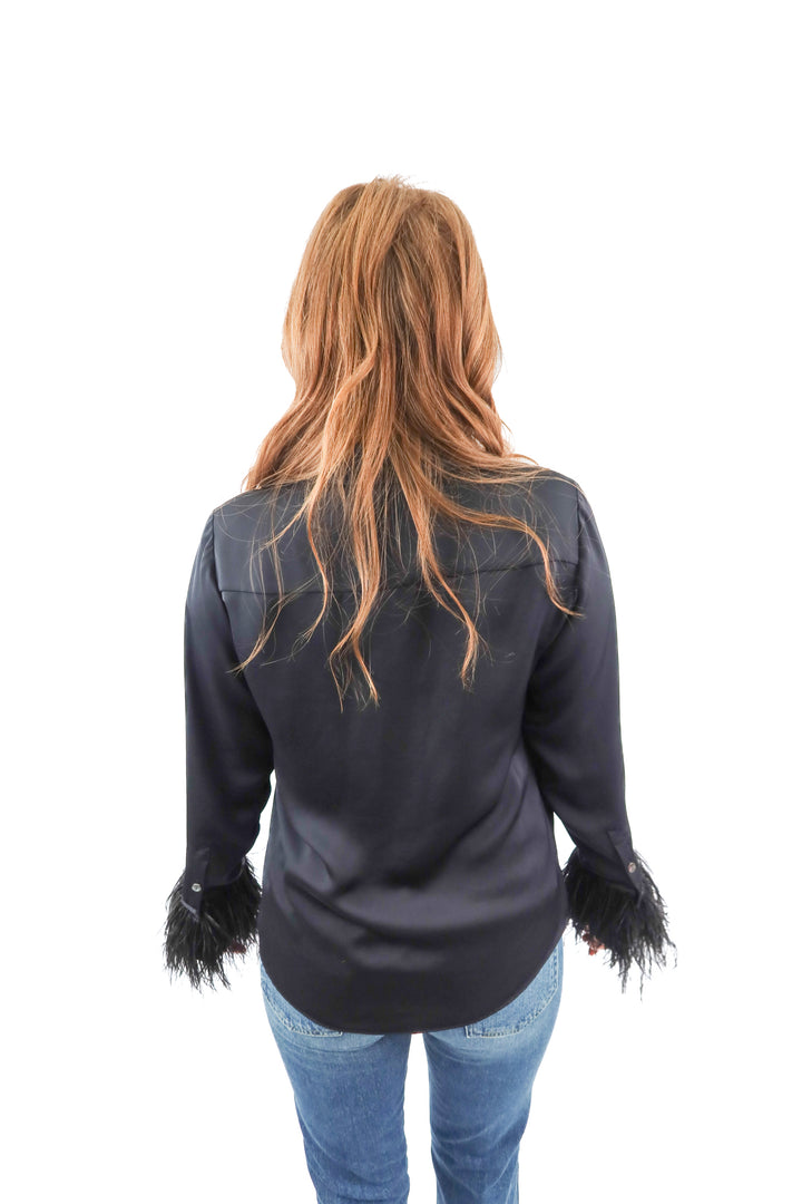 Ramy Brook black satin long sleeve blouse with feather trim (S; retail $365)