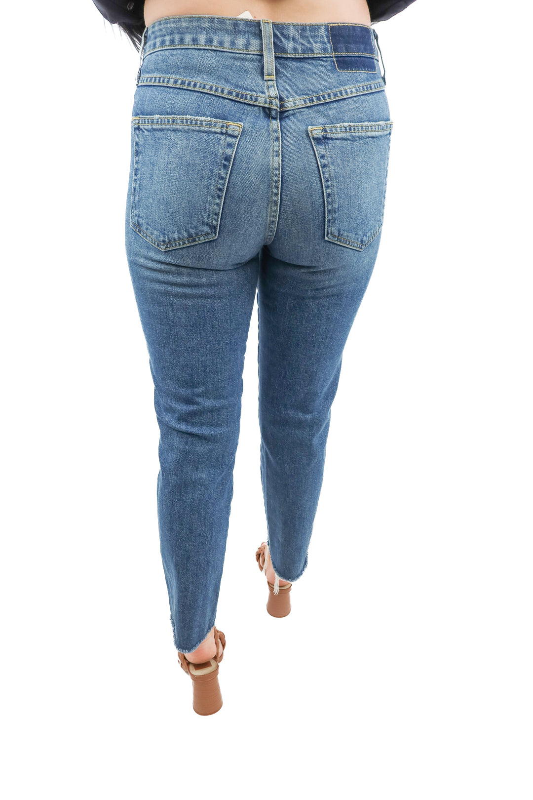 AMO medium wash straight leg raw hem jeans (27)