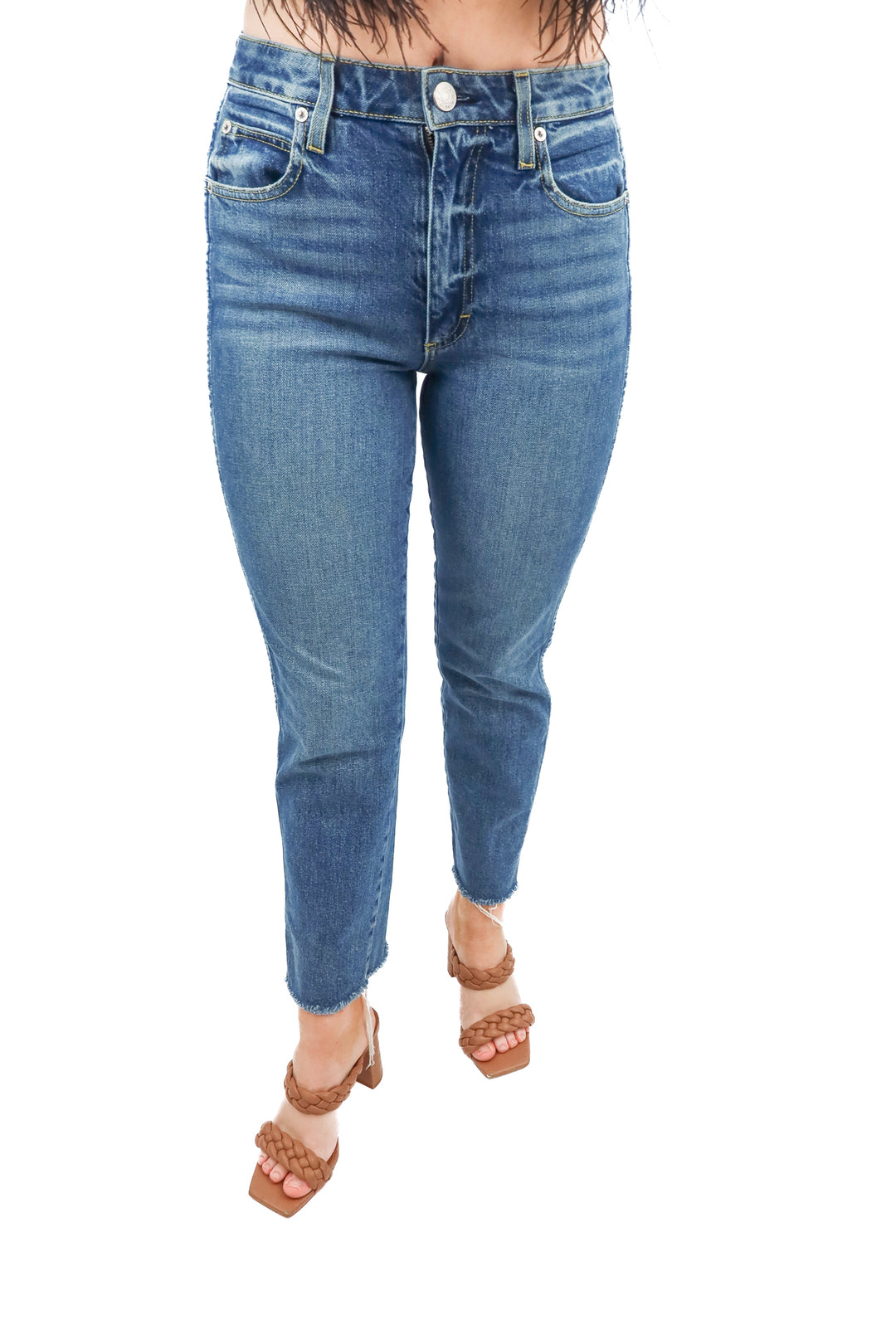 AMO medium wash straight leg raw hem jeans (27)