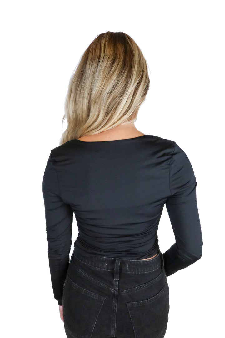 princess polly black square neck long sleeve crop top (m)