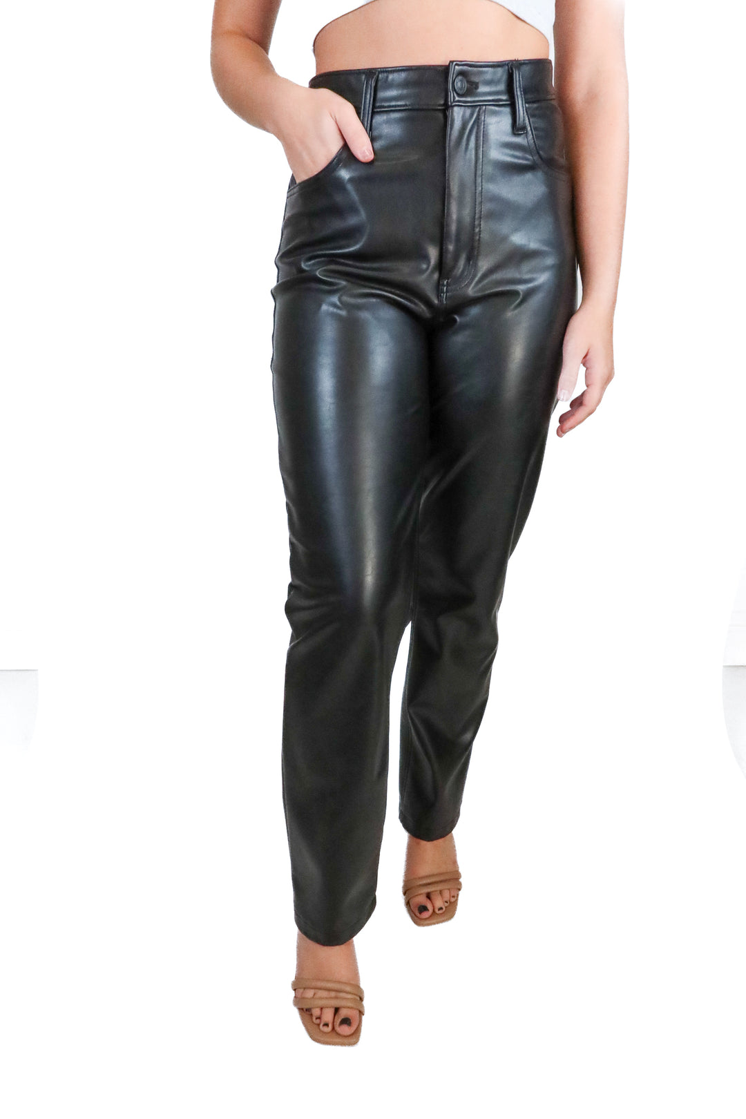 Abercrombie Black Vegan Leather High Rise Straight Leg Pant (27/4; retail $110)