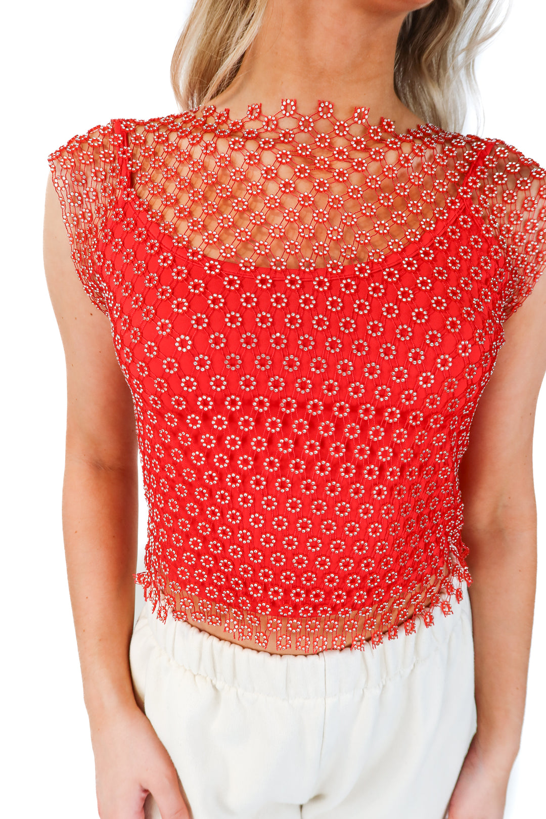 house of harlow red netted rhinestone top (m; retail $168)