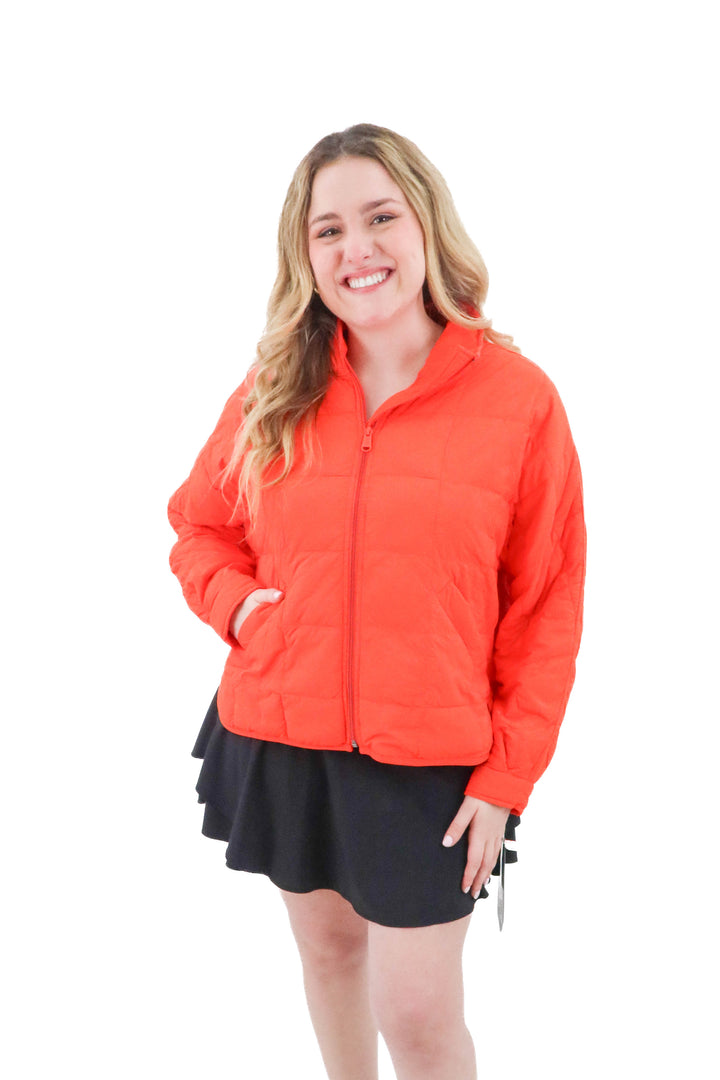 free people orange puffer coat (s; retail $198)