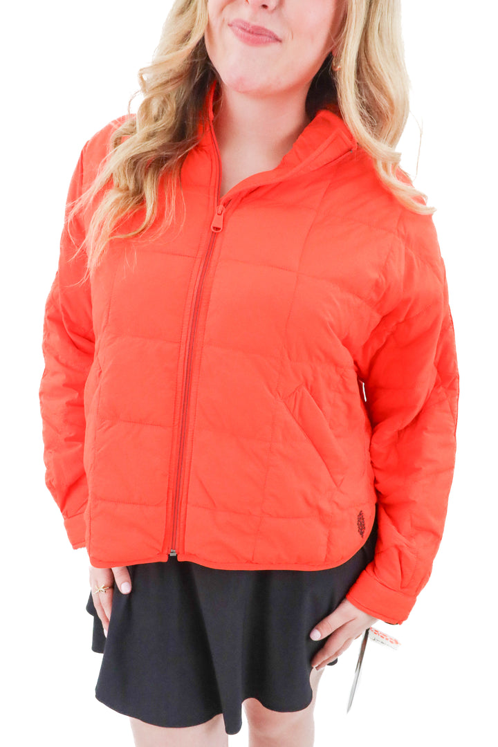 free people orange puffer coat (s; retail $198)