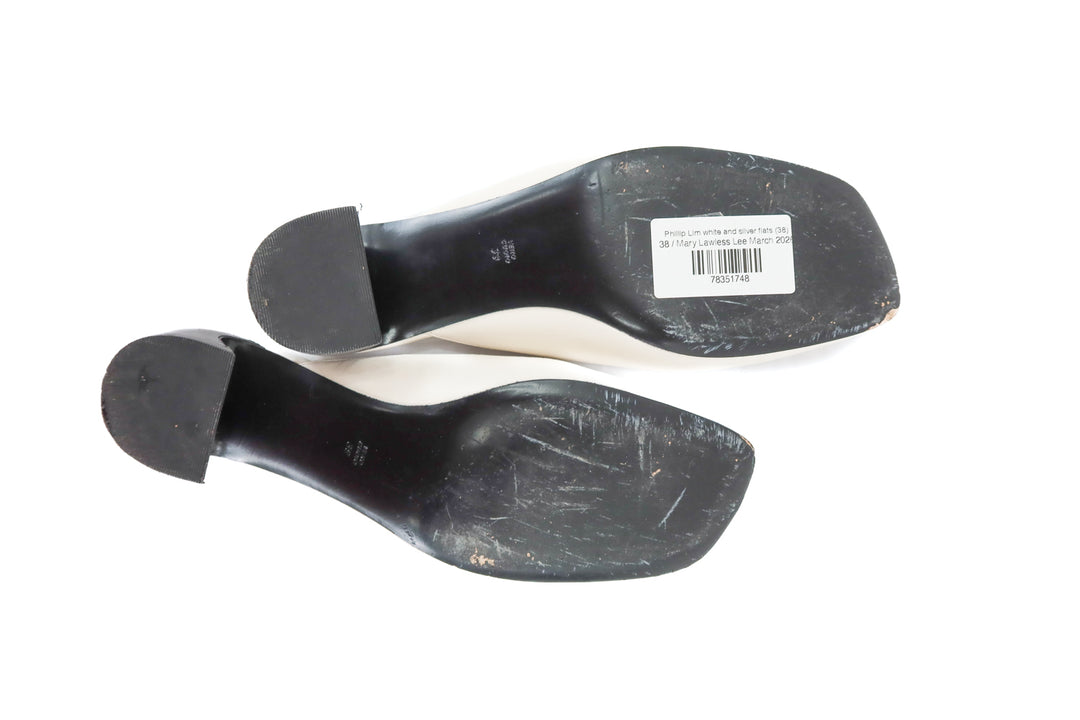 Phillip Lim white and silver flats (38; retail $395)