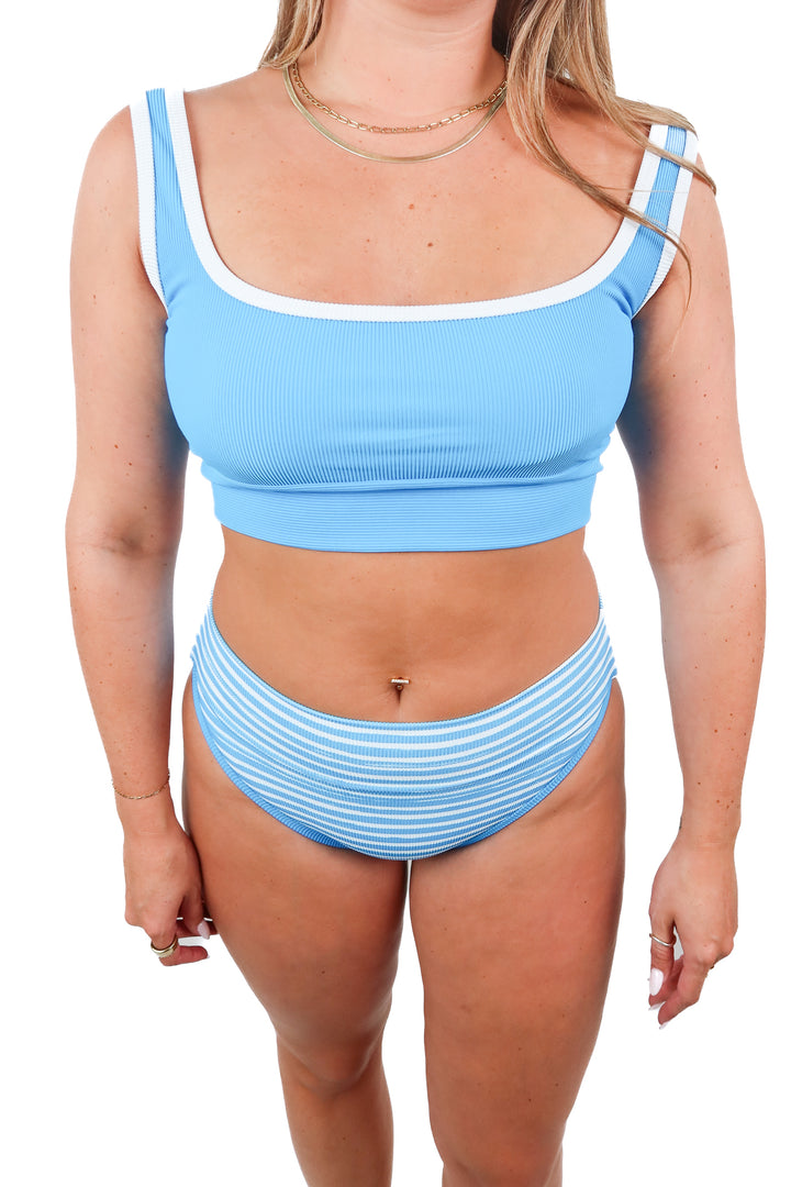 lain snow blue/white striped bikini (m; retail $140)