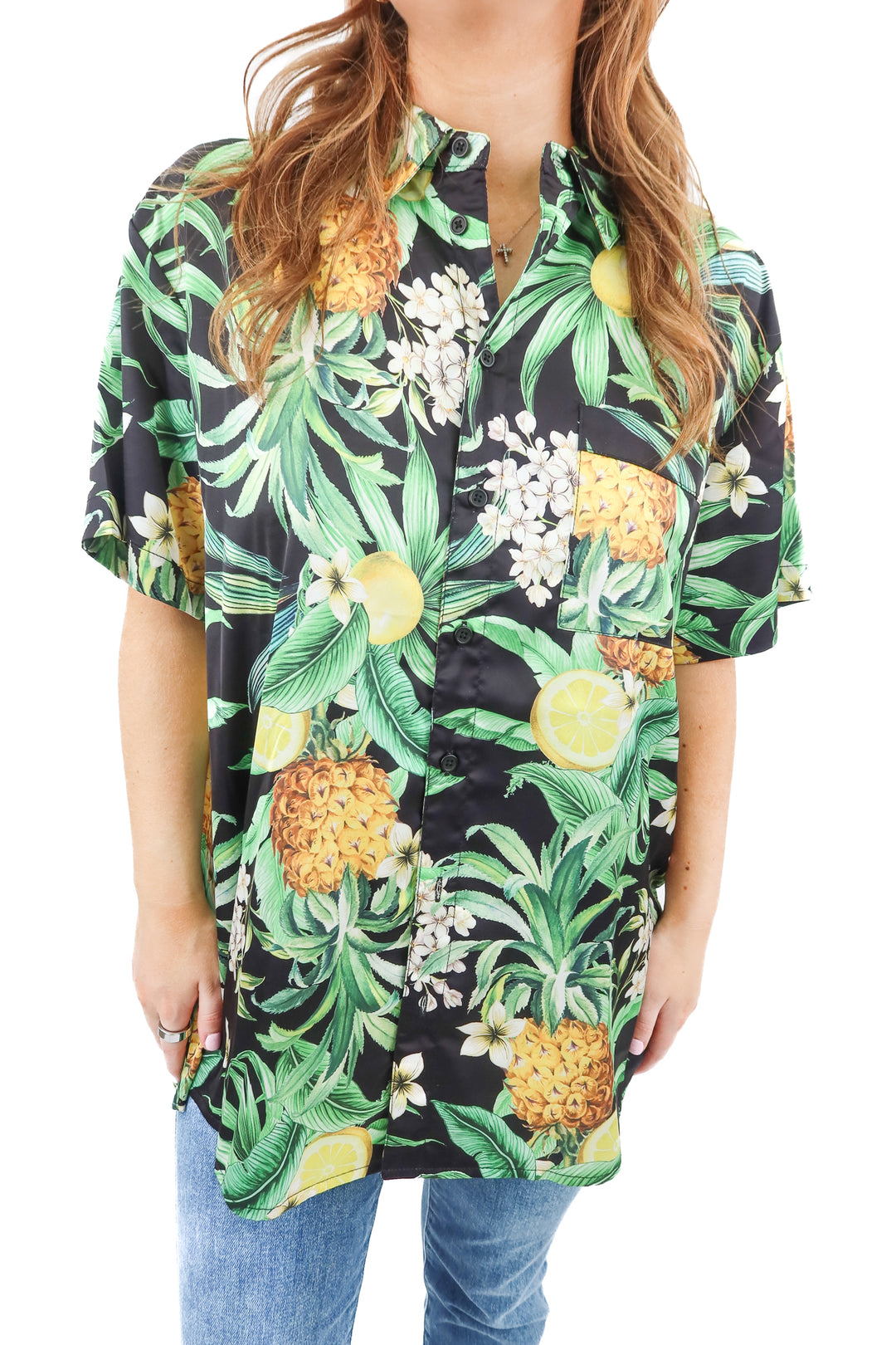 Show Me Your Mumu pineapple print satin blouse (L & XL)