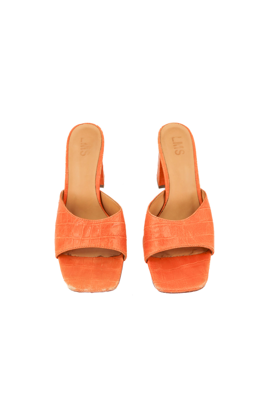 lms orange croc leather mule heels (39; retail $202)