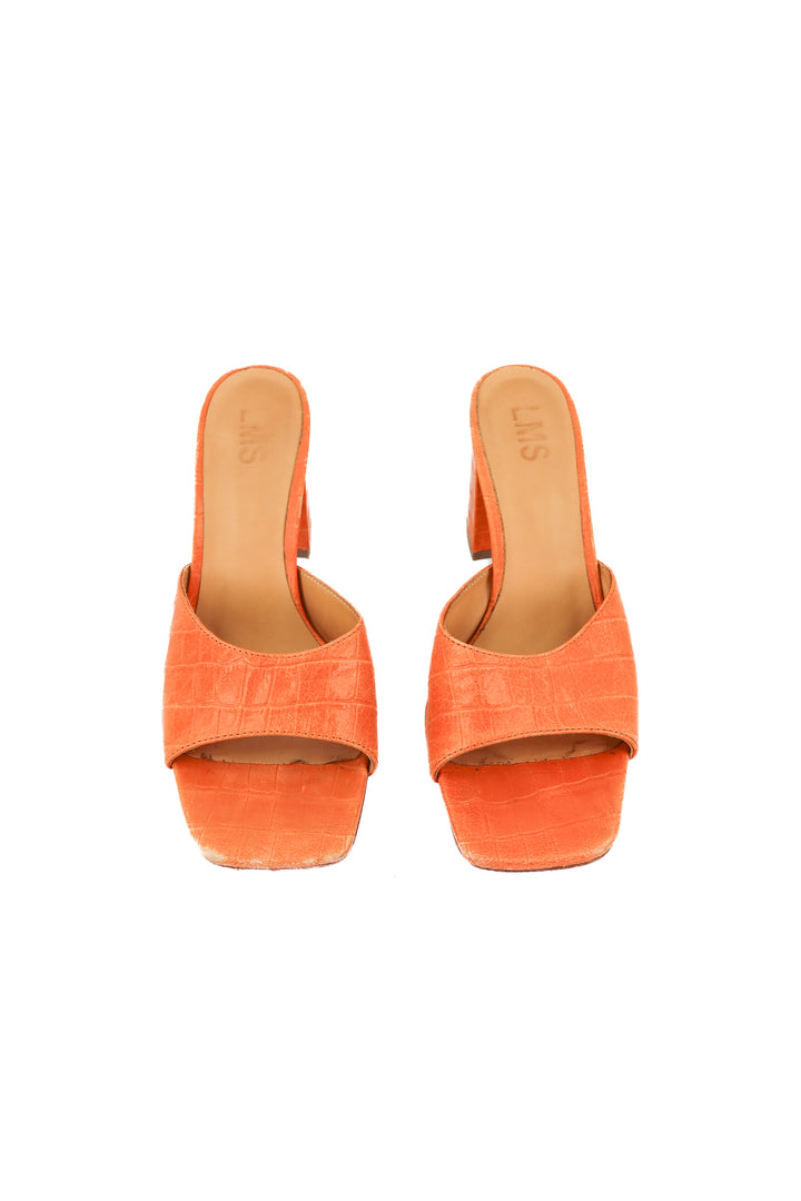 lms orange croc leather mule heels (39; retail $202)