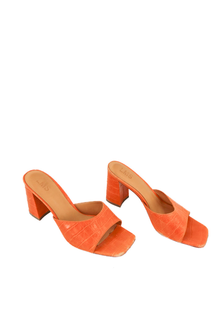 lms orange croc leather mule heels (39; retail $202)