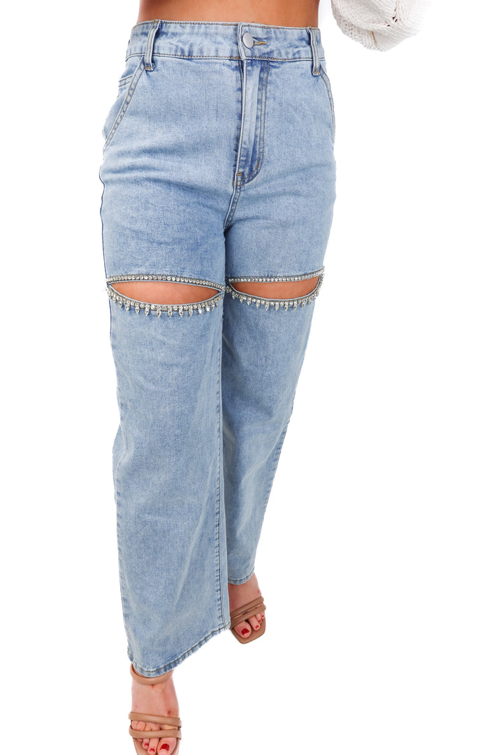 blue b rhinestone cut out jeans (s; retail $98)