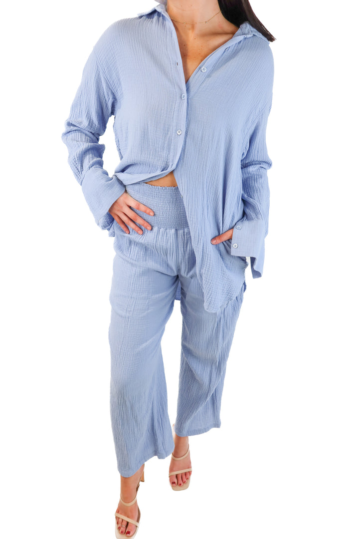 Sundays Blue Cotton Gauze Set (M; retails for $362)