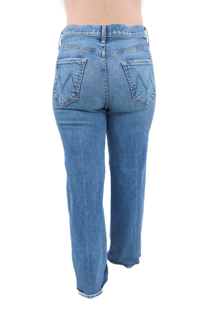 mother straight leg medium wash denim (29; retail $278)