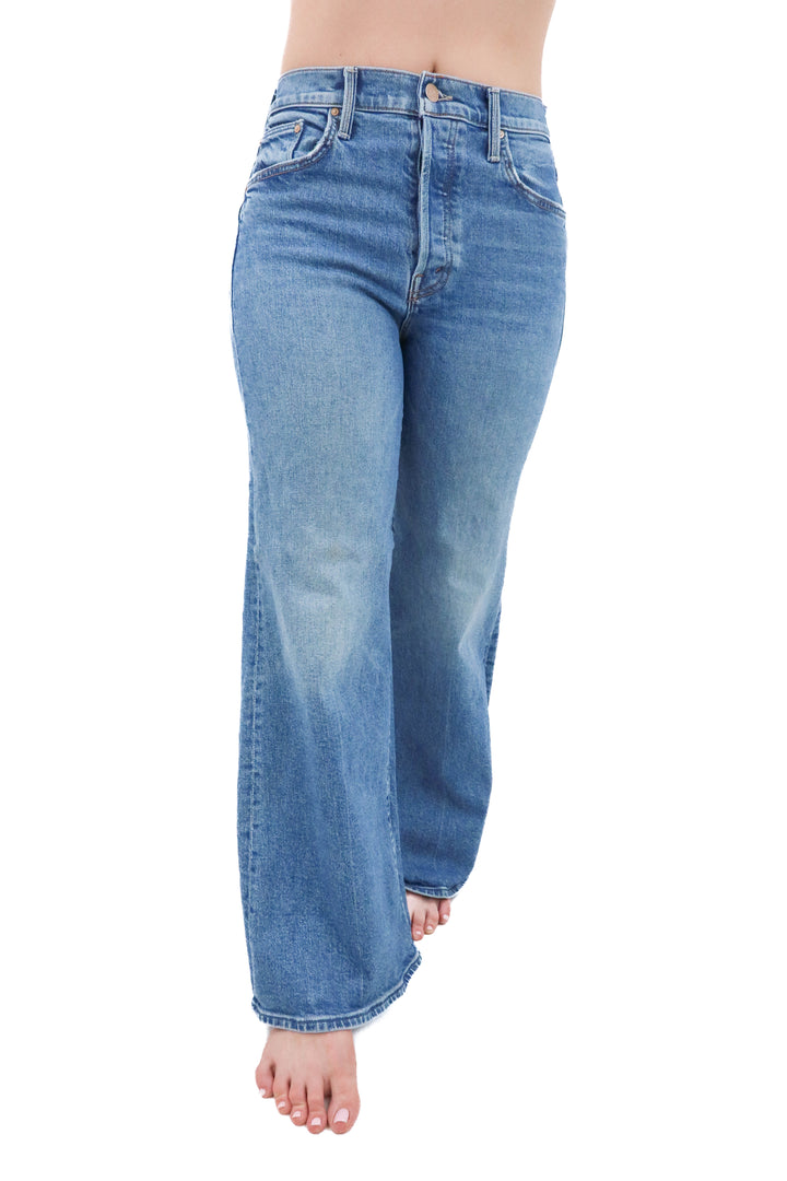 mother straight leg medium wash denim (29; retail $278)