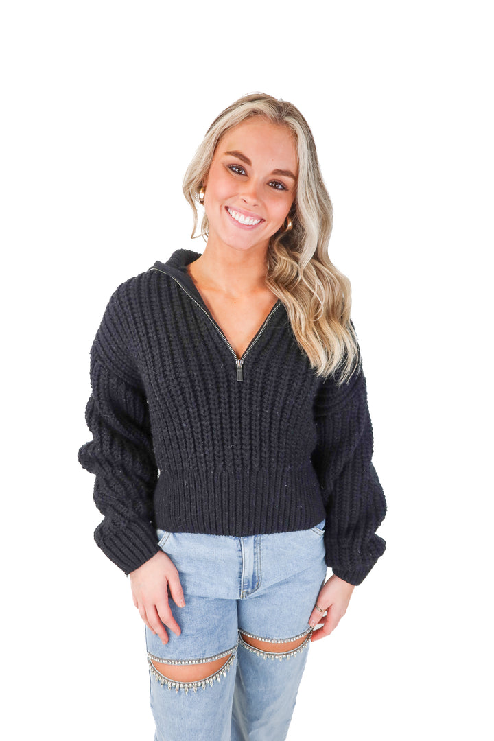 h&m black cable knit quarter zip (m)