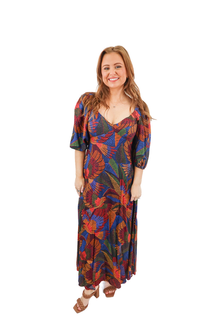 Farm Rio bird print maxi puff sleeve maxi dress (S)