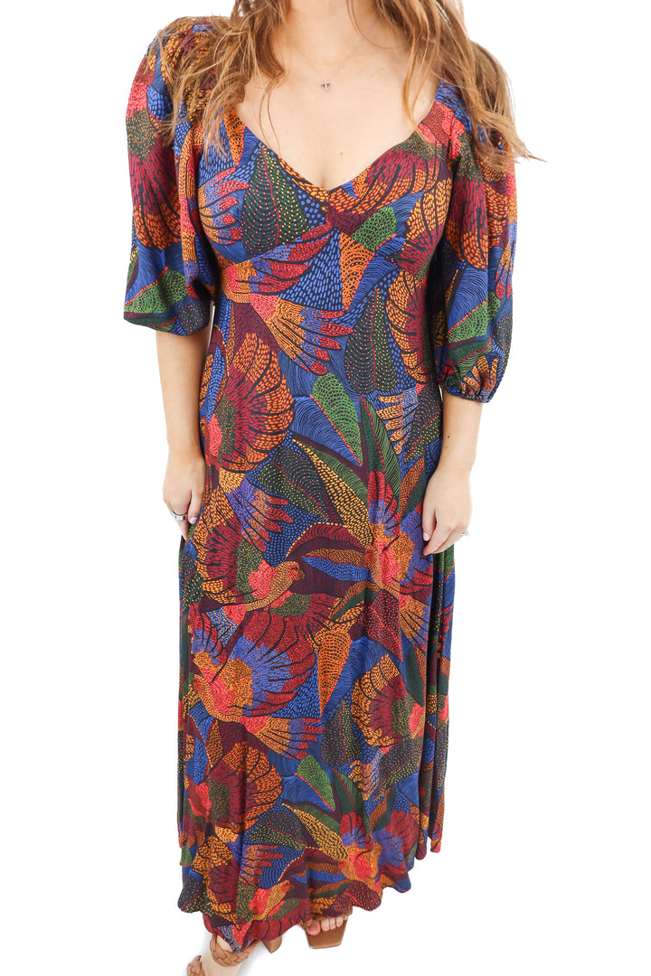 Farm Rio bird print maxi puff sleeve maxi dress (S)