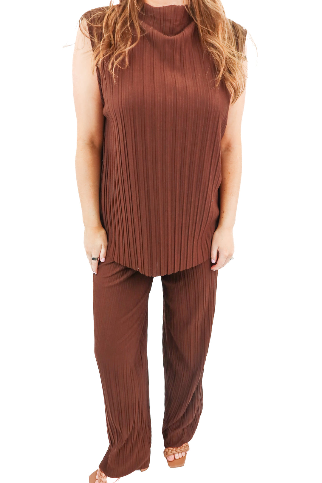 MNG brown pleated top and pants set (S; retail $190)