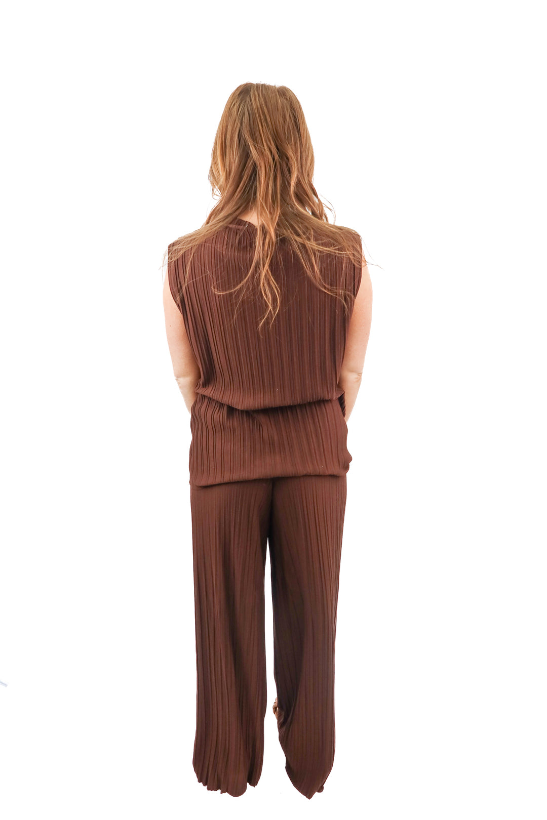 MNG brown pleated top and pants set (S; retail $190)