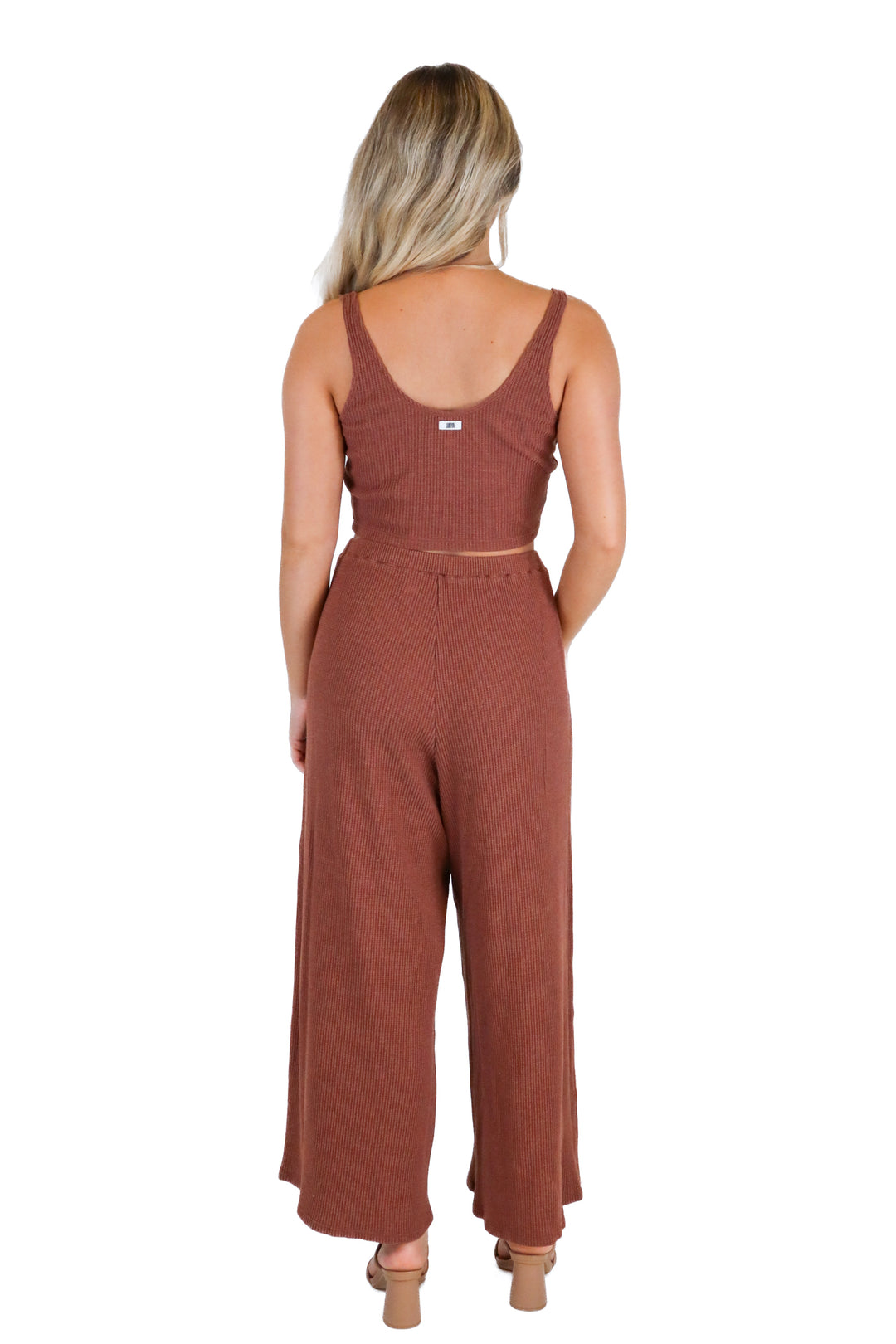 Lunya Brown Waffle Knit Tank & Wide Leg Pant Lounge Set (S; retail $148)