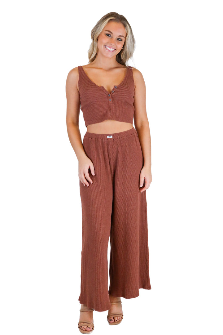Lunya Brown Waffle Knit Tank & Wide Leg Pant Lounge Set (S; retail $148)