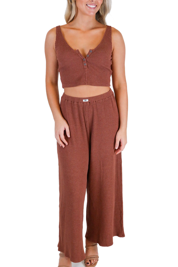 Lunya Brown Waffle Knit Tank & Wide Leg Pant Lounge Set (S; retail $148)