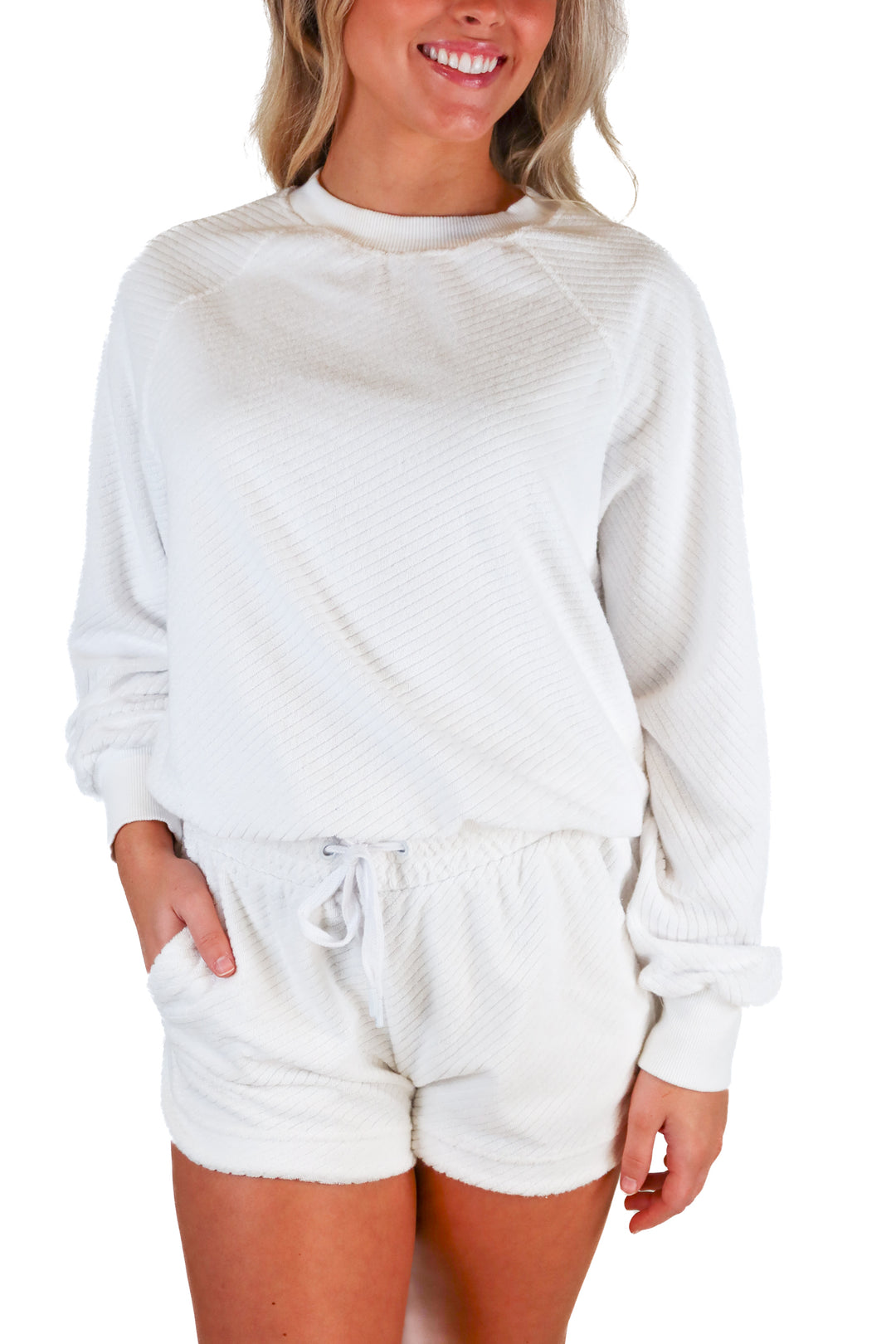 Tavi White Textured Terry Knit Top & Shorts Set (S; retail $146)
