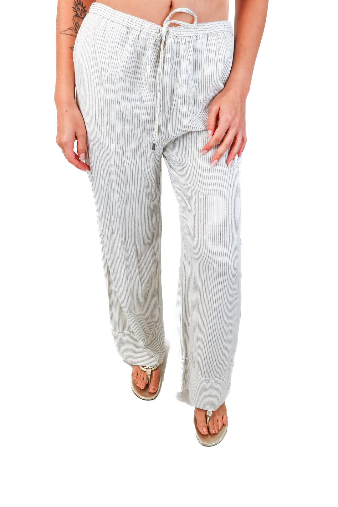 zara white/black linen striped pants (L)