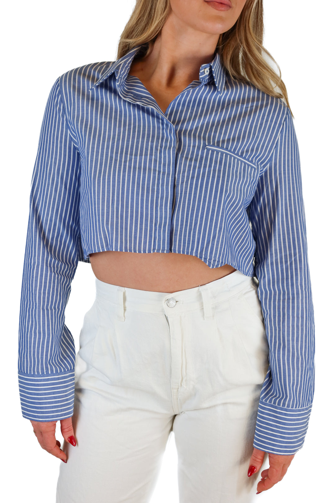 Zara blue/white striped cropped button down (M)