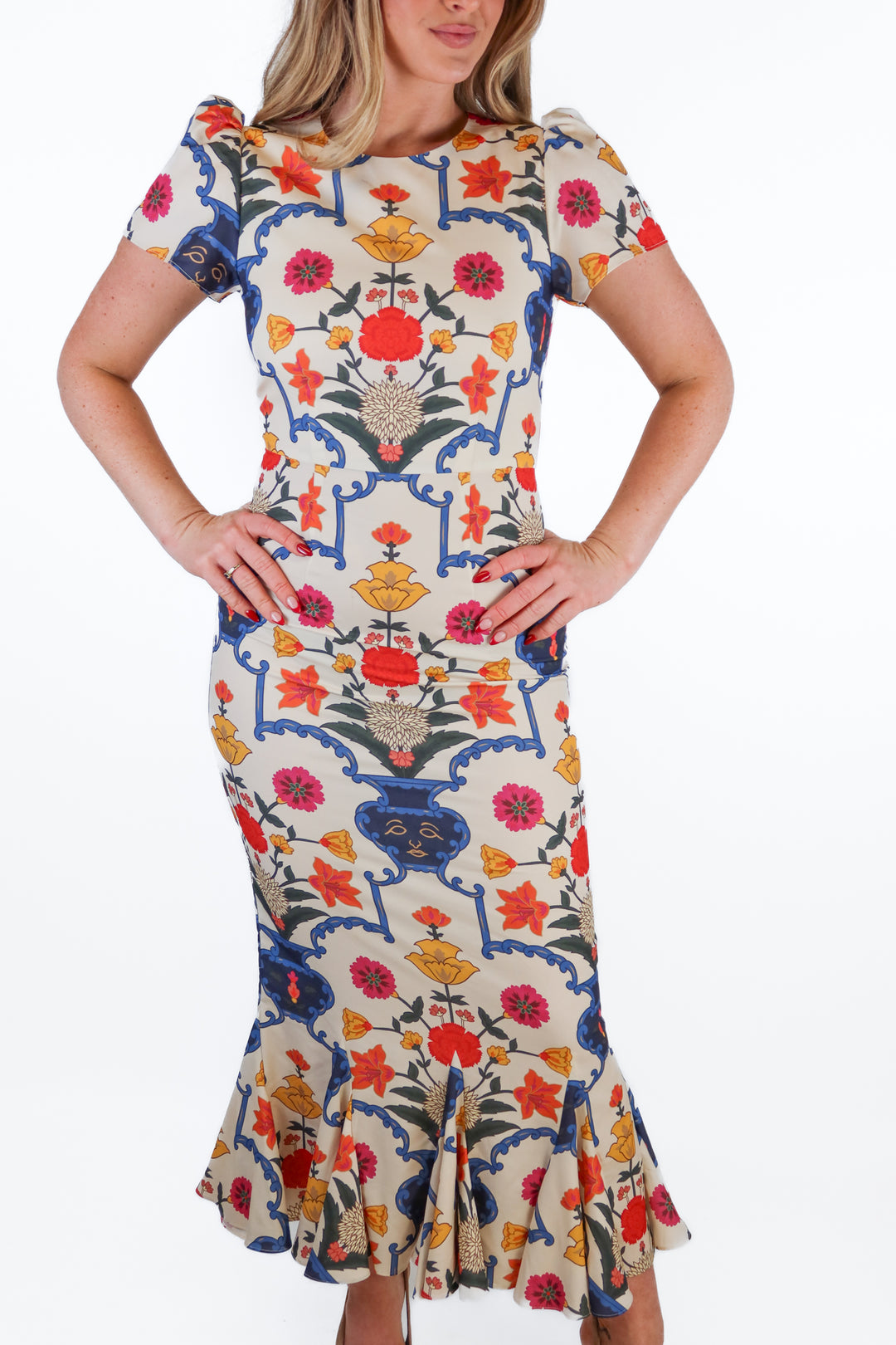 Rhode cream/multicolored floral midi dress (S; retail $595)*